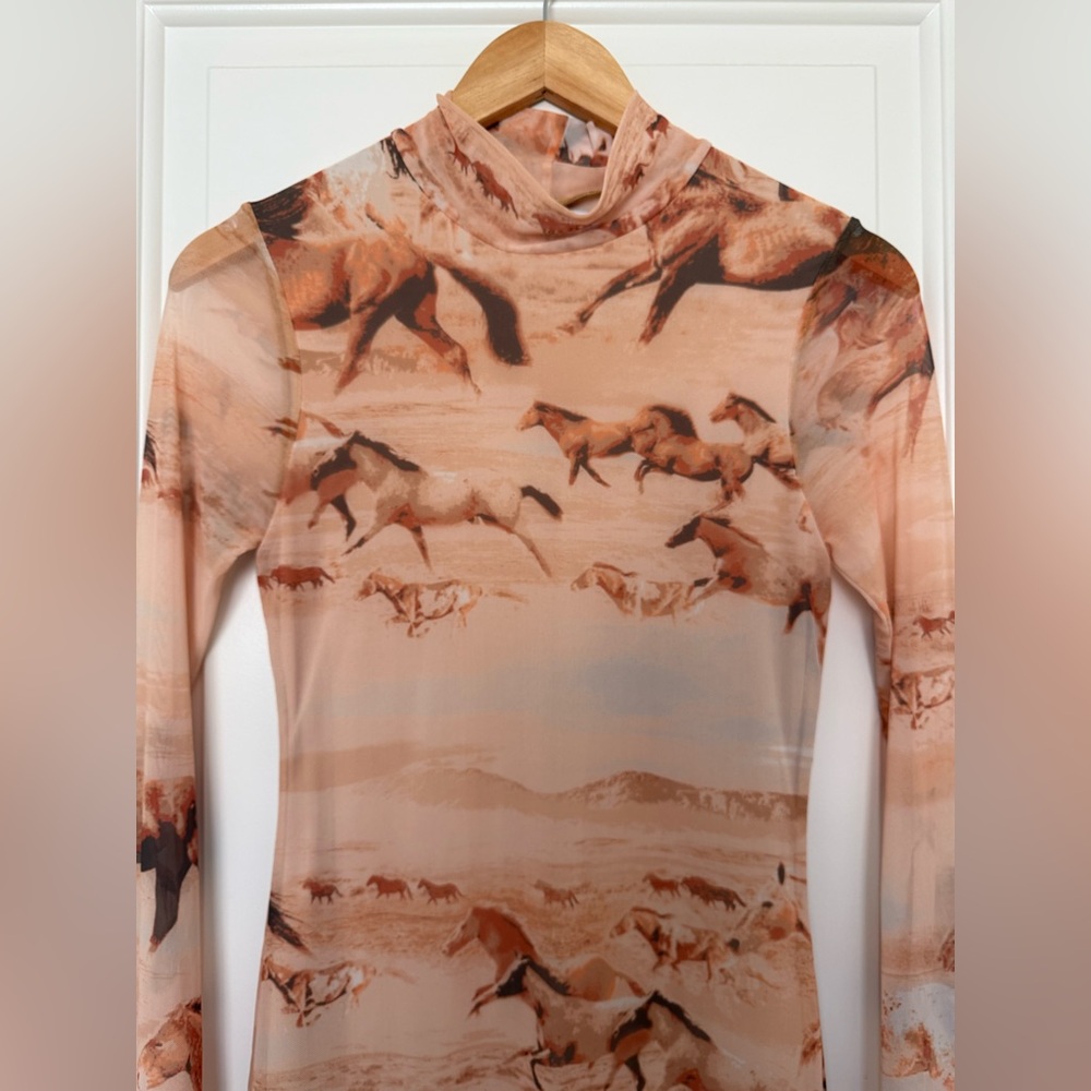 UO Alessia Wild Horse Print Mesh Mock Funnel Neck Mini Dress Sheer Y2K Medium - Picture 4 of 11
